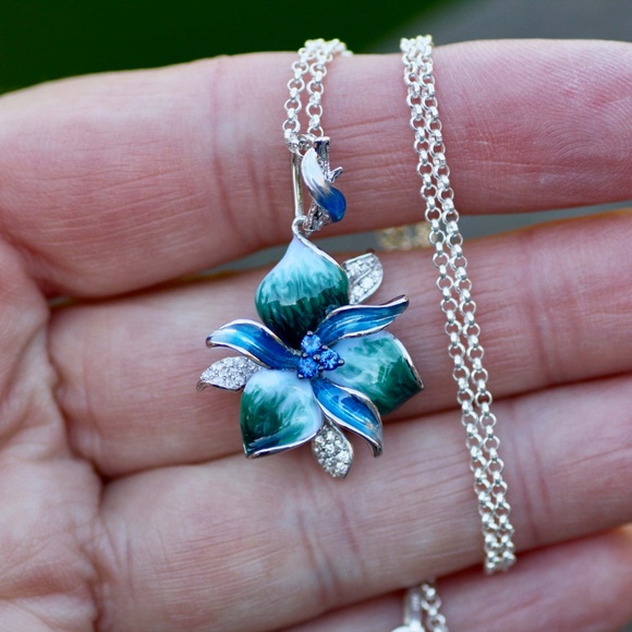Teal Blue Green Orchid Flower Enamel Pendant Sterling Silver 925 - Picture 2 of 10